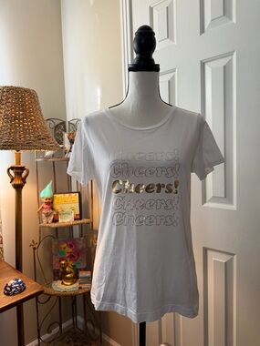 Kate Spade White Tee with Gold 'Cheers!' Graphic size small euc